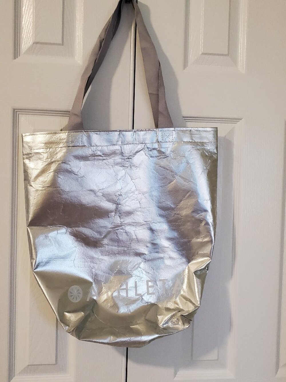 Athleta Metallic Silver Reusable Tote Shopping Bag w/ Handles 17" x 17" x 6"